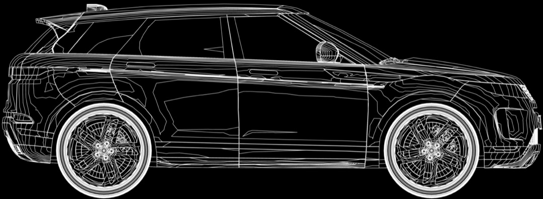 Wireframe render of a car in side profile, showing the body panels, doors, glass and wheels where collision damage happens.