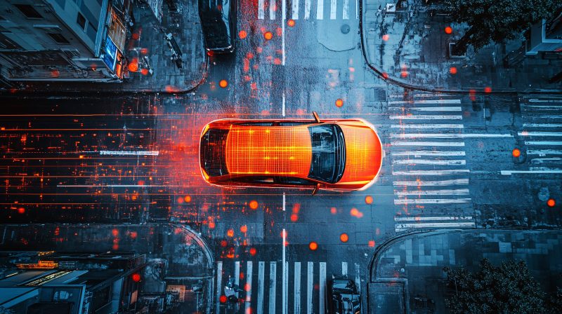 Digital image of a car signifying driver assistance technology.